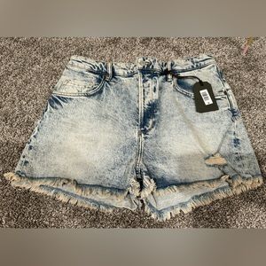 NWT All Saints denim shorts size 32 with distressing and frayed edges